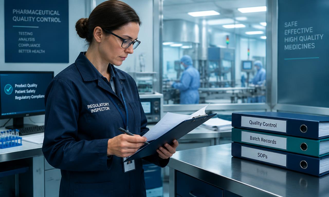 A regulatory inspector reviewing documents in a quality control lab