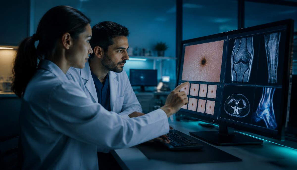 Researchers reviewing skin and joint imaging in a clinical laboratory
