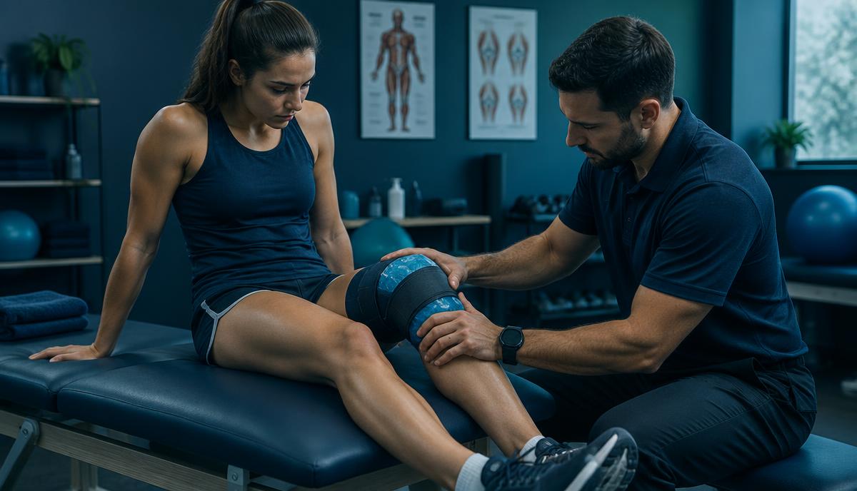 A therapist icing an athlete's knee on a treatment table