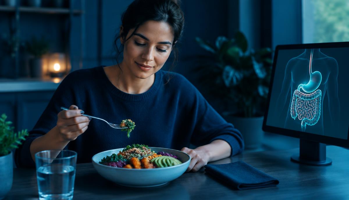 A person eating a balanced meal beside a digestive system illustration