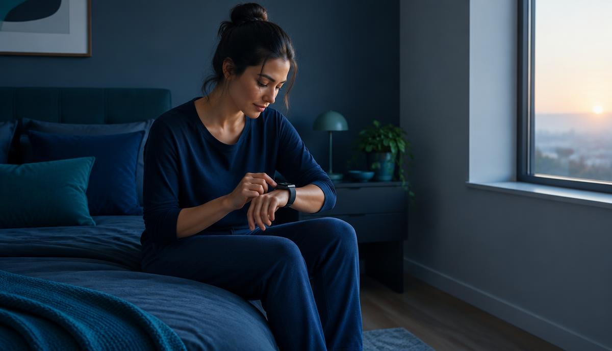 A woman checking a heart rhythm reading on her smartwatch at dawn