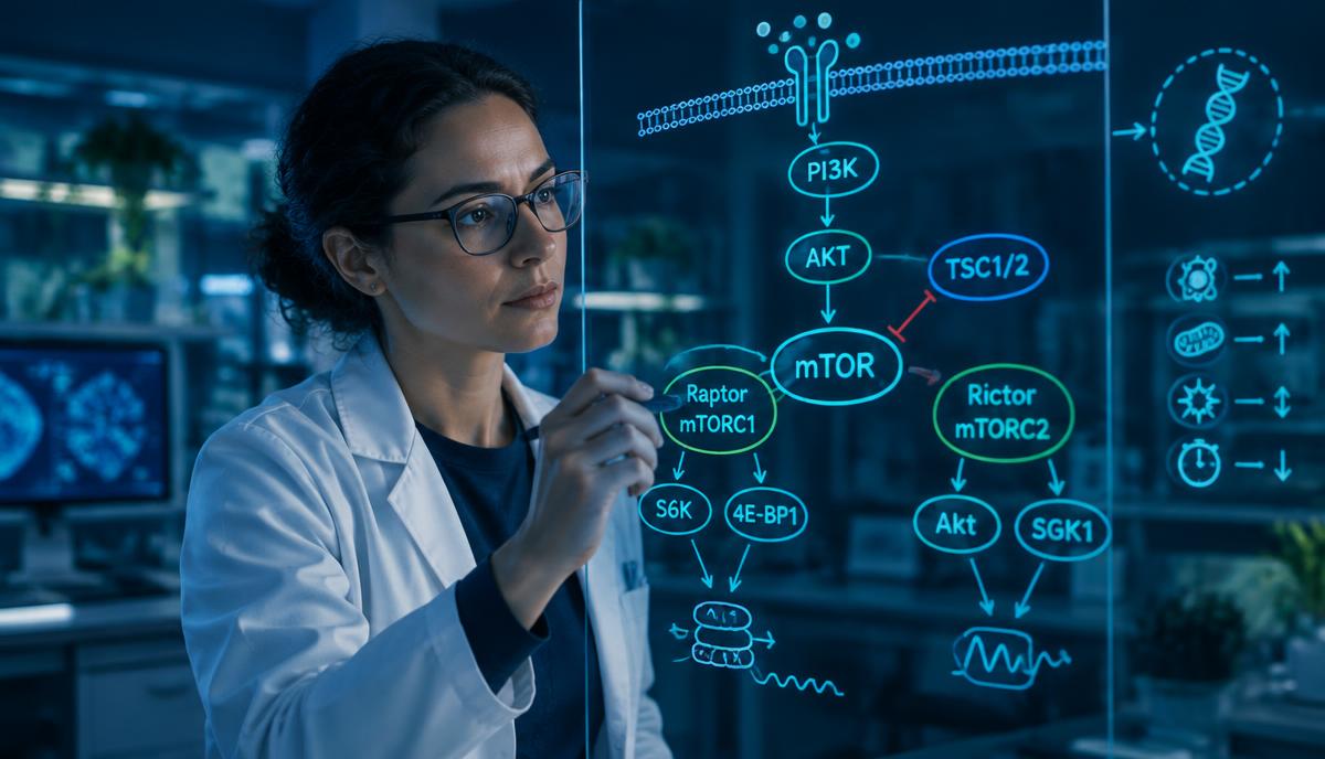 A scientist working through an mTOR signalling pathway on a glass board