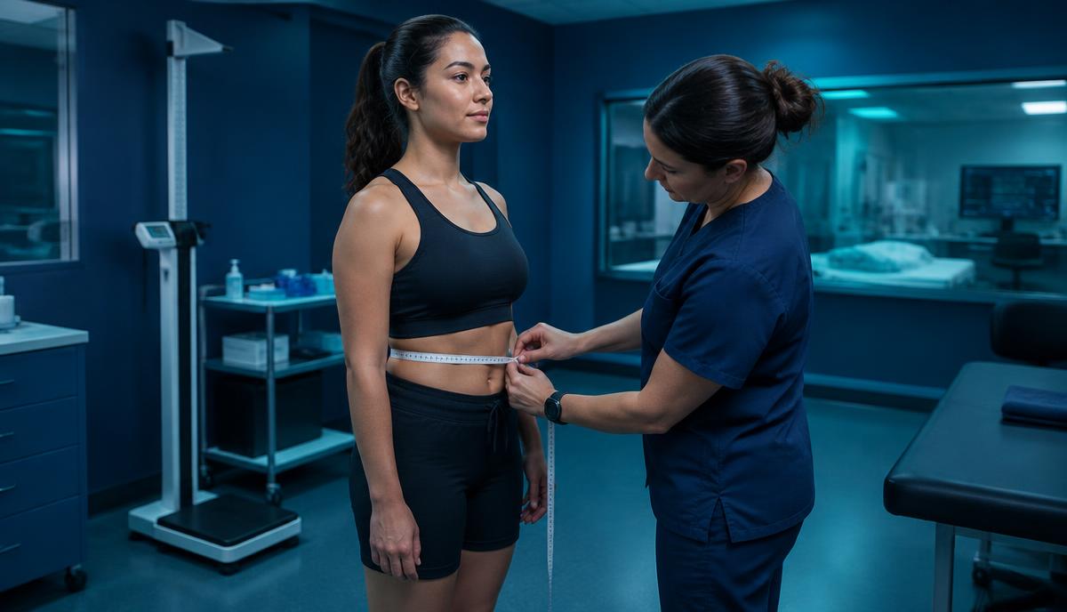 A research nurse recording body measurements for a metabolic trial participant