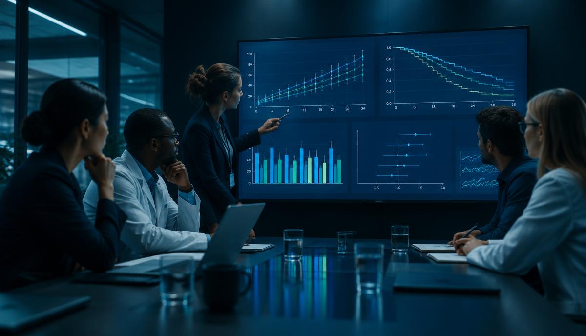 A research team reviewing clinical trial result graphs in a meeting room