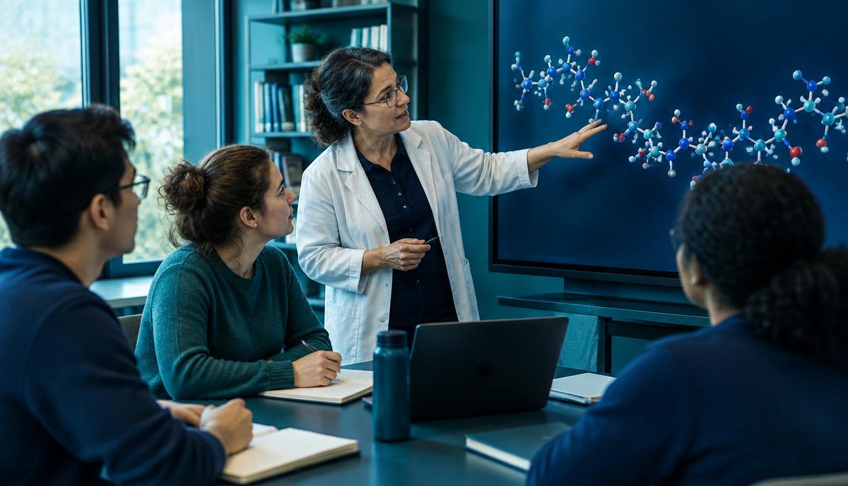 A scientist explaining an amino acid chain diagram to a small group