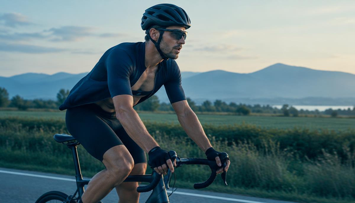 A cyclist riding at a steady easy pace on a country road at sunrise