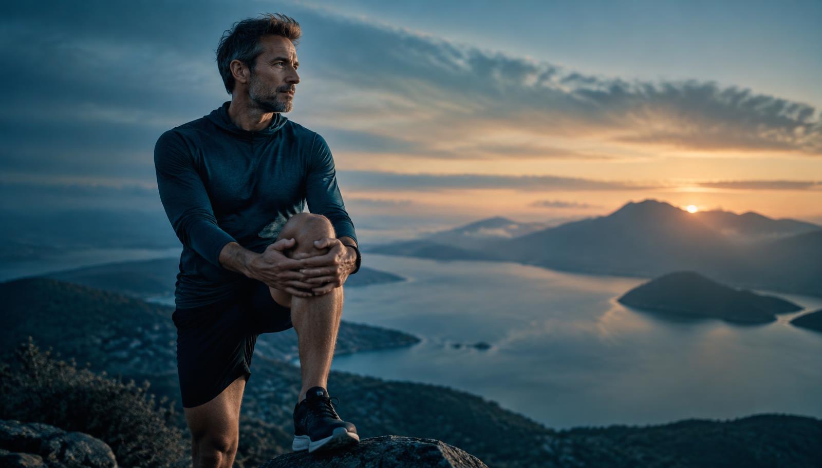 A man stretching outdoors at sunrise, representing performance, recovery and healthy aging